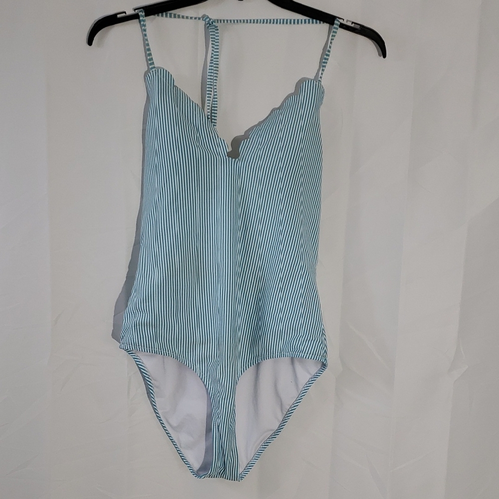 Mermaid Clam Shell Blue White Striped One-Piece Swimsuit Large